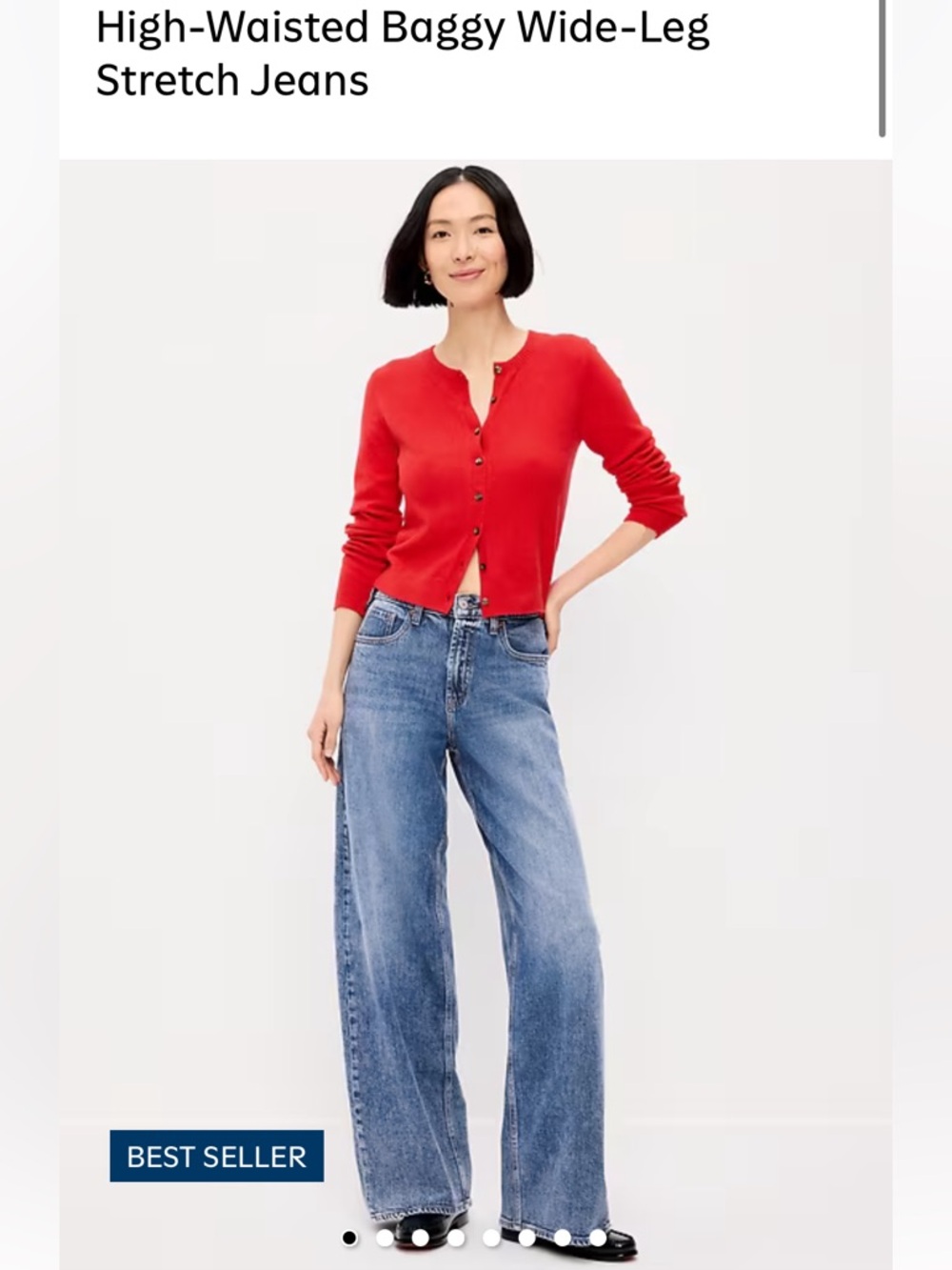 Old Navy Red Cardigan with Blue Wide-Leg Jeans